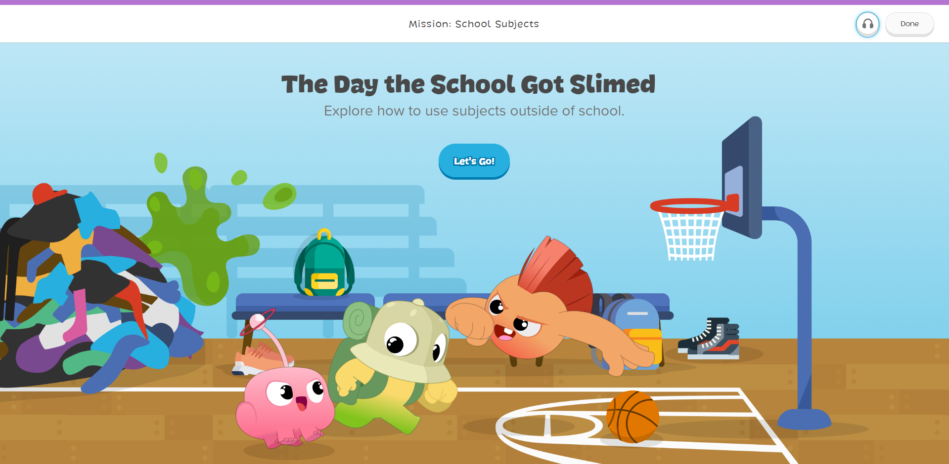 Xello Lesson in Xello 3-5 called School Subjects. Activity is called The Day the School Got Slimed